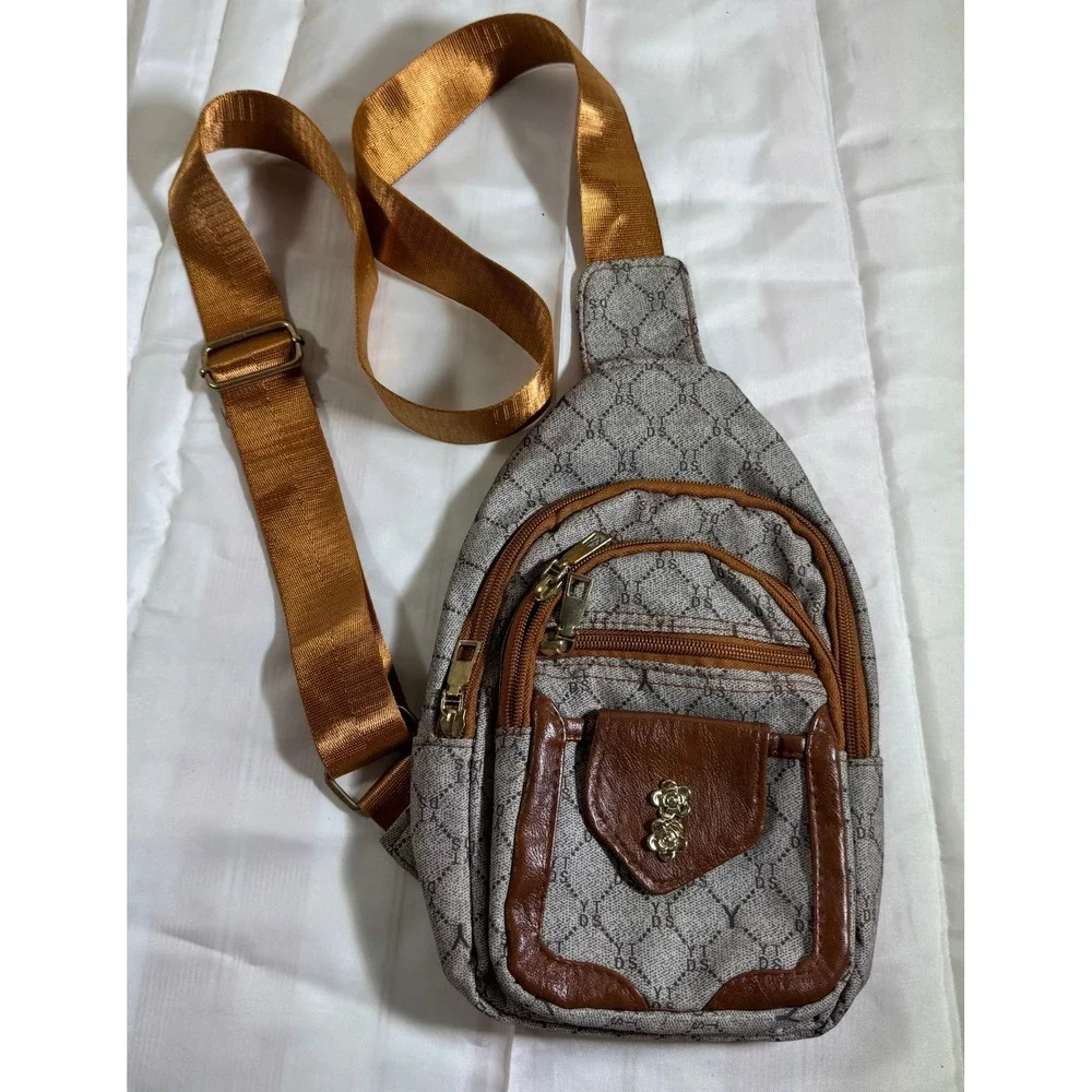 YTDS Monogram Sling Bag Brown Tan Floral Hardware Crossbody Travel Backpack